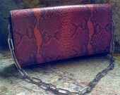Sale Vintage 1980s Handbag Faux Leather Snake Python Pink & Black Patent Leather Clutch Shoulder Bag Purse Heavy Silver Link Chain 22 Inch L