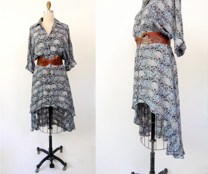 Vintage 70's boho HIGH LOW dress / Anthropologie batwing sleeve flowy Summer floral print / M L medium large