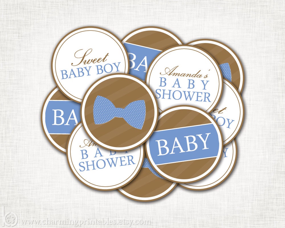 Bow Tie Baby Shower Cupcake Toppers -  PRINTABLE Party Circles- DIY Digital File - Baby Boy Shower - Blue Brown - Bow Tie Collection