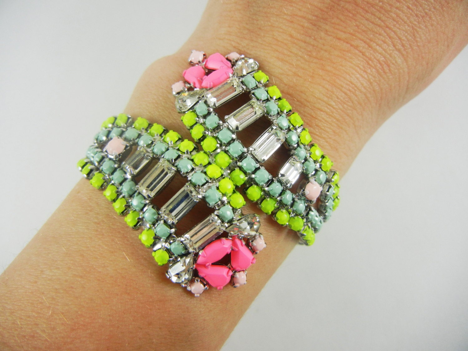 The Shari Bracelet - One Of A Kind - Hand Painted Neon Pink Mint Yellow Rhinestone Bracelet