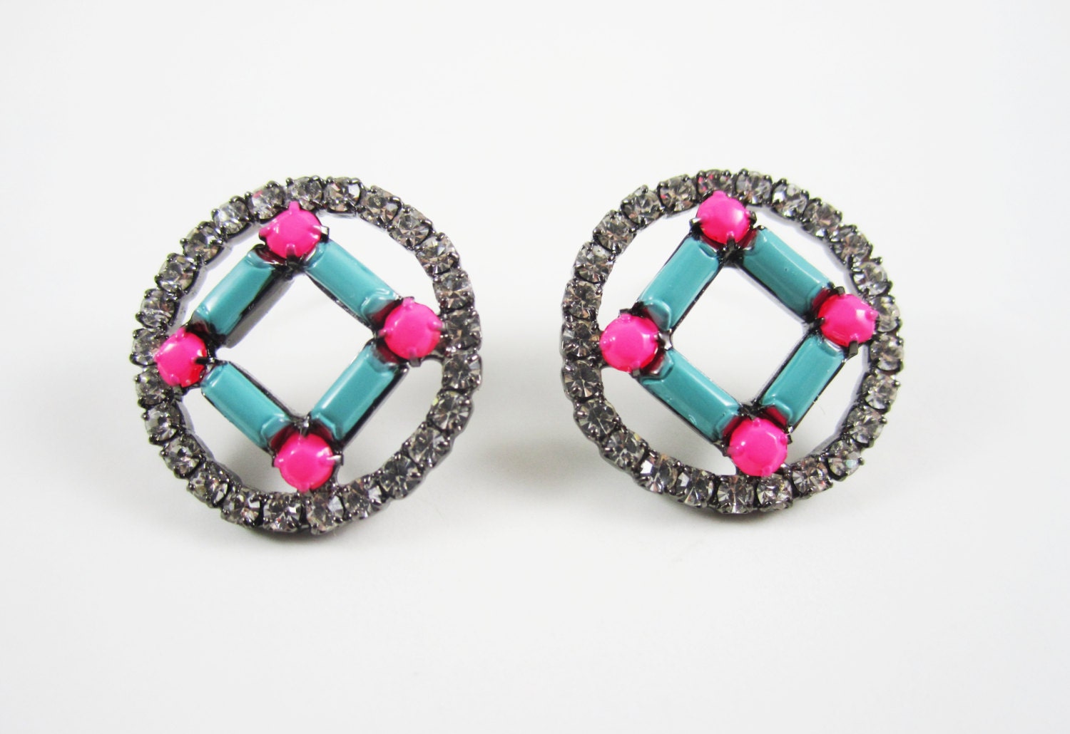 The Lauren Earrings- One Of A Kind -  Hand Painted - Neon Pink and Turqouise Rhinestone Earrings - by Love Obsessed