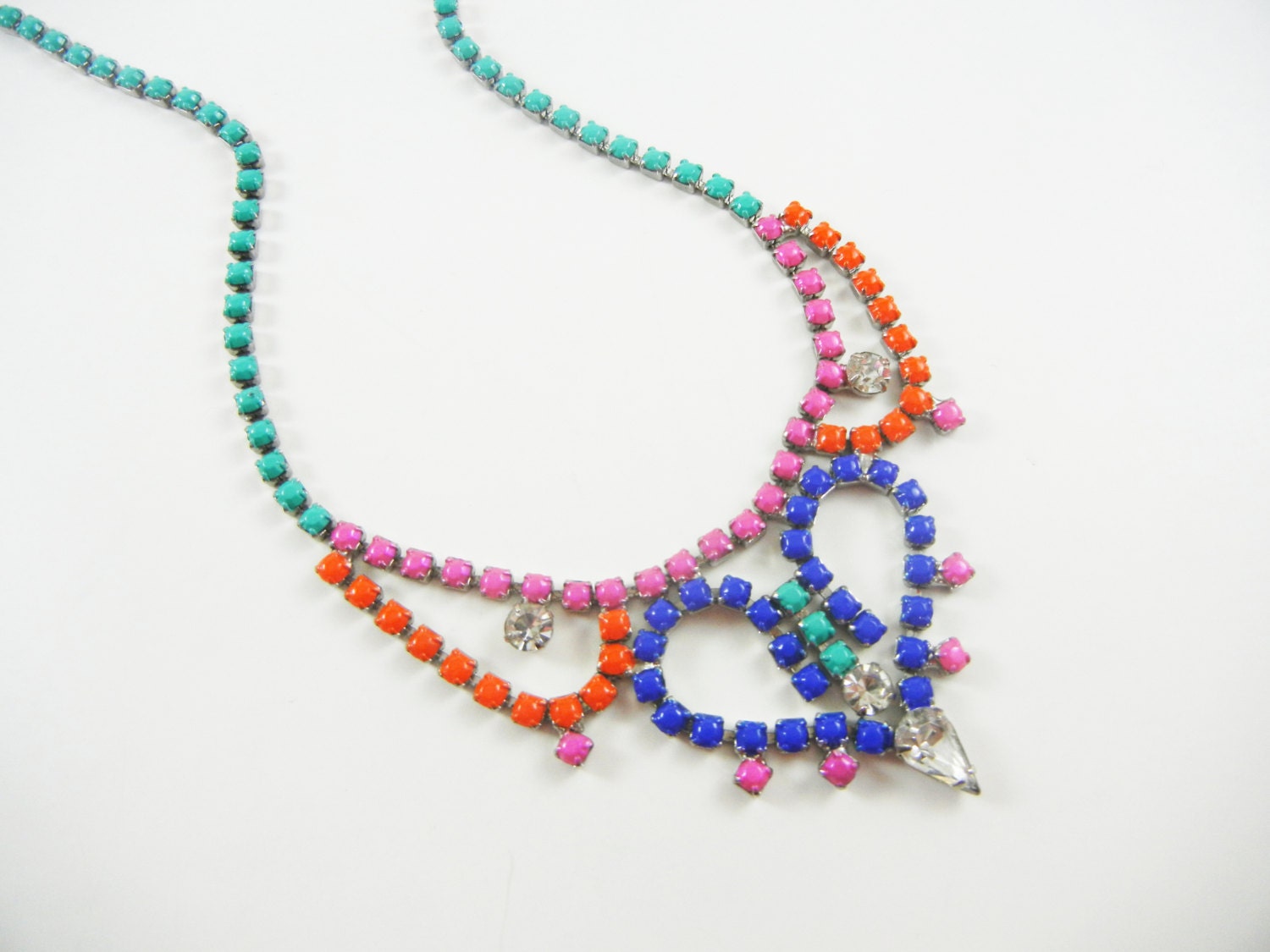The Rikki Necklace - Hand Painted Vintages 1950s Rhinestone Necklace - Fucshia Coral TUrquoise Sapphire