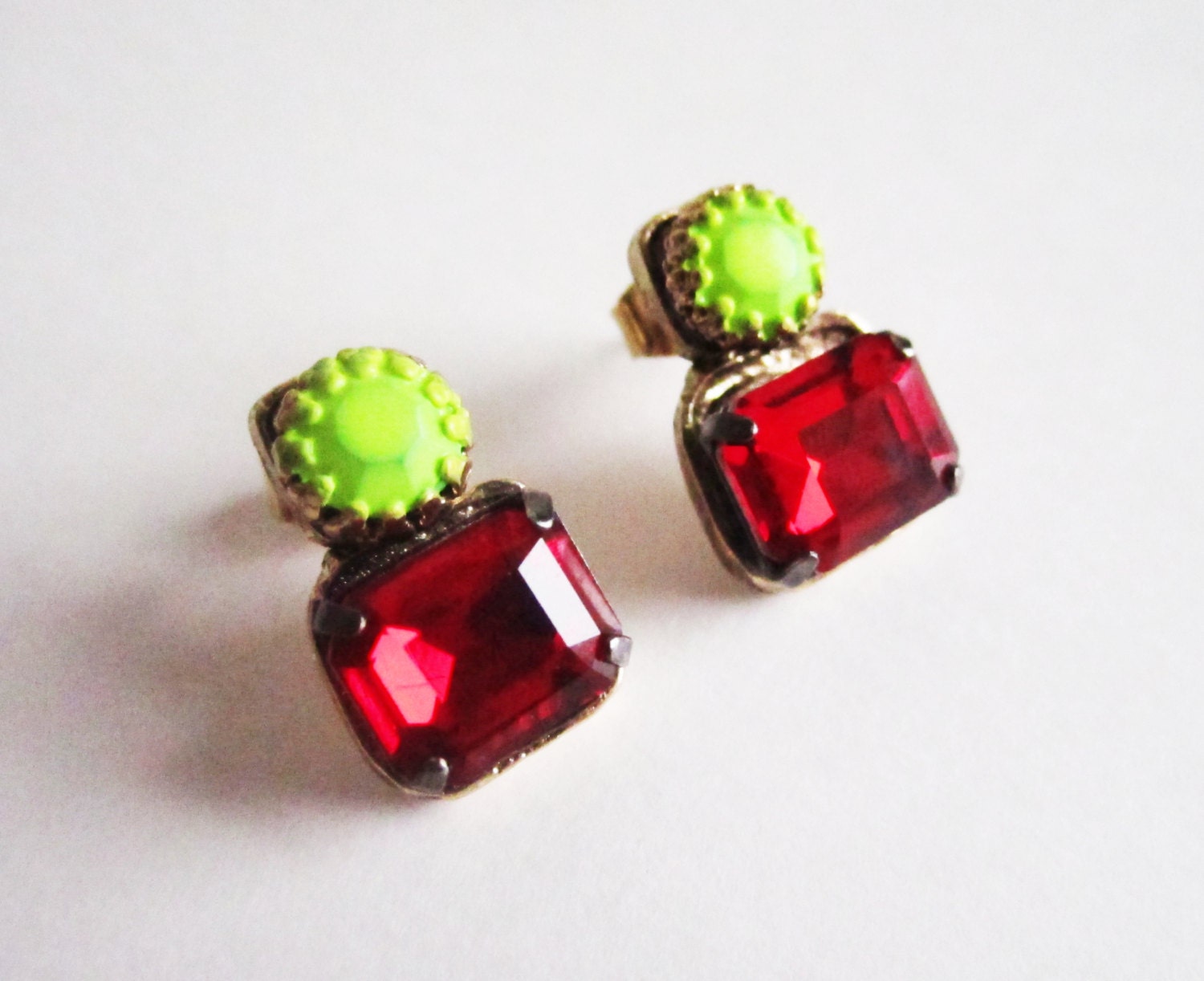 The Laci Earrings - Neon Yellow and Red Green 1950s Rhinestone Earrings