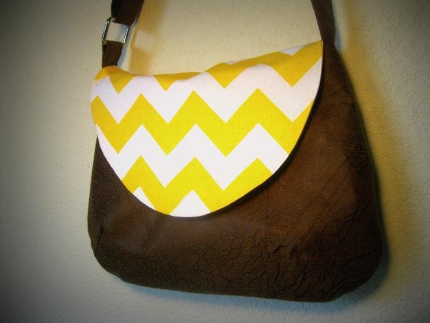 Yellow Chevron Crossover shoulder bag / Cracked brown suede / purse / over the shoulder bag