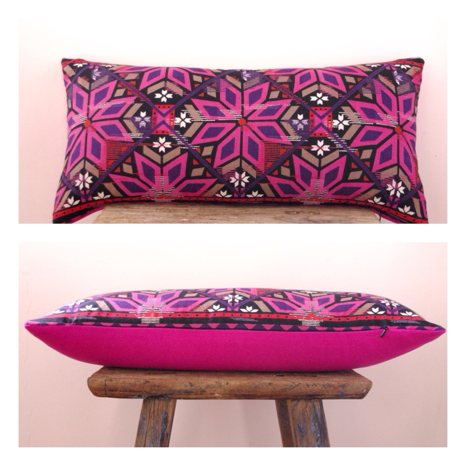 SNOWFLAKE - cushion cover vintage tribal aztec fabric pink, purple, red throw pillow with fuchsia warwick fabric reverse 60 x 35cm  or 24" x