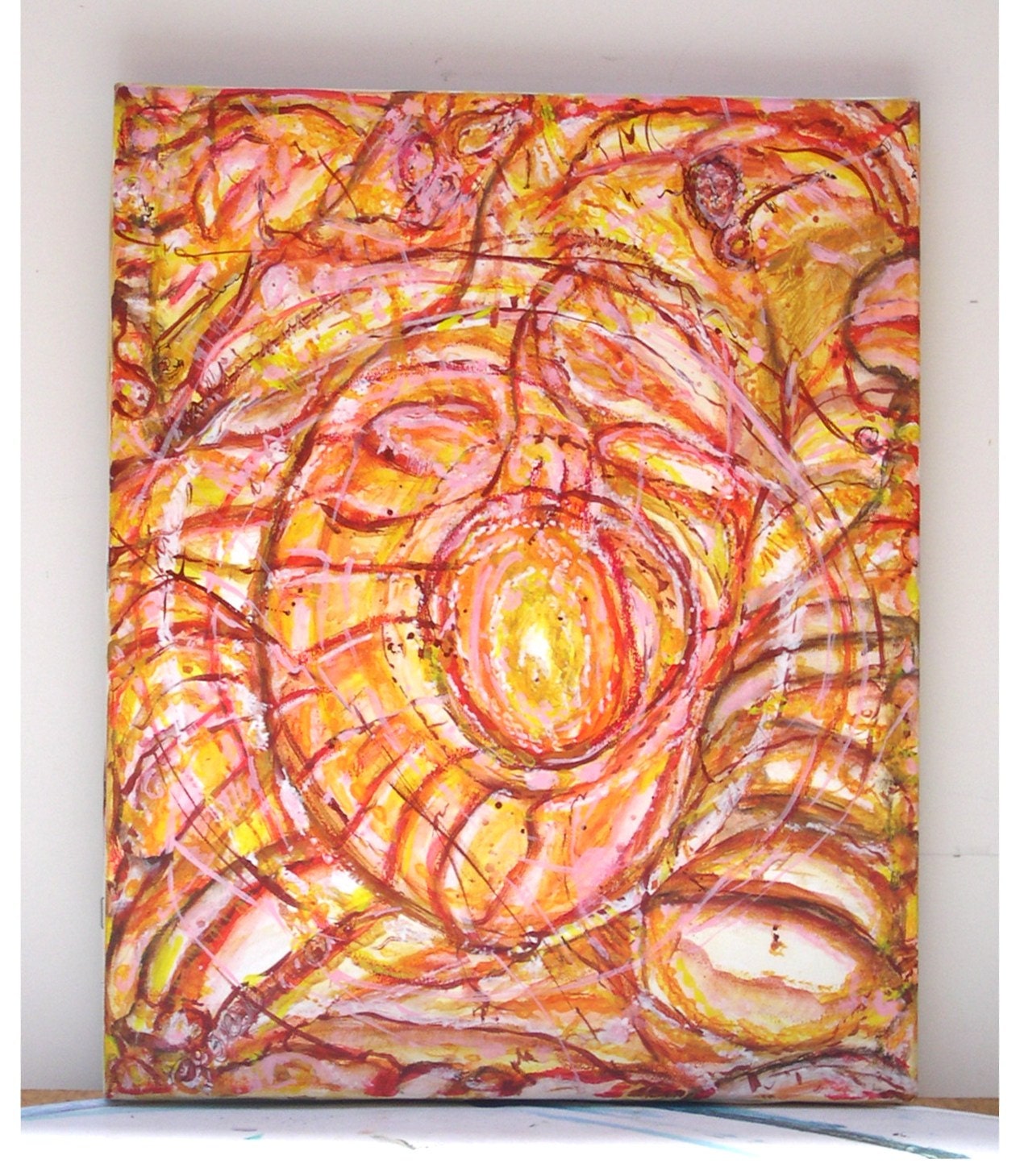 Contemporary Modern Art. Original Abstract Painting canvas. Acrylic, mixed media. Red, orange, pink, yellow. 41 x 33 cm