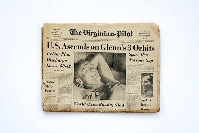 Original February 21, 1962 Newspaper - Space Headlines featuring John Glenn's Orbit of the Earth, Exciting Day in World History