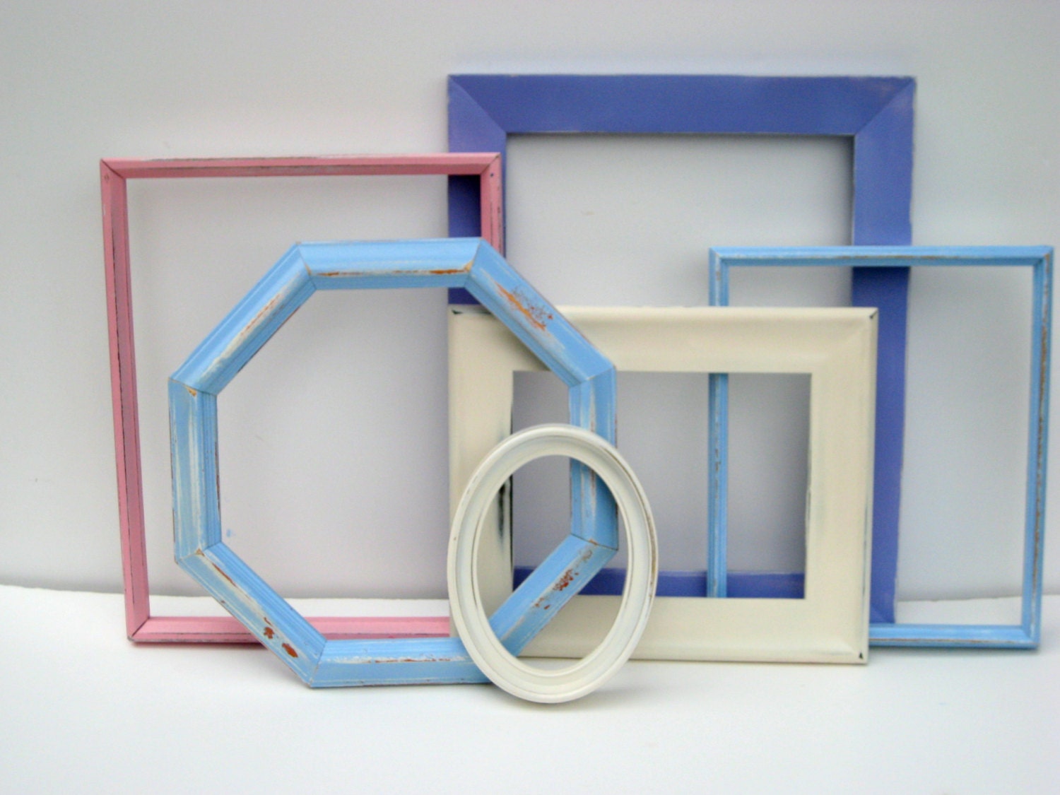 Painted Picture Frame set, Six cottage chic distressed pastel vintage frames in a shabby chic finish