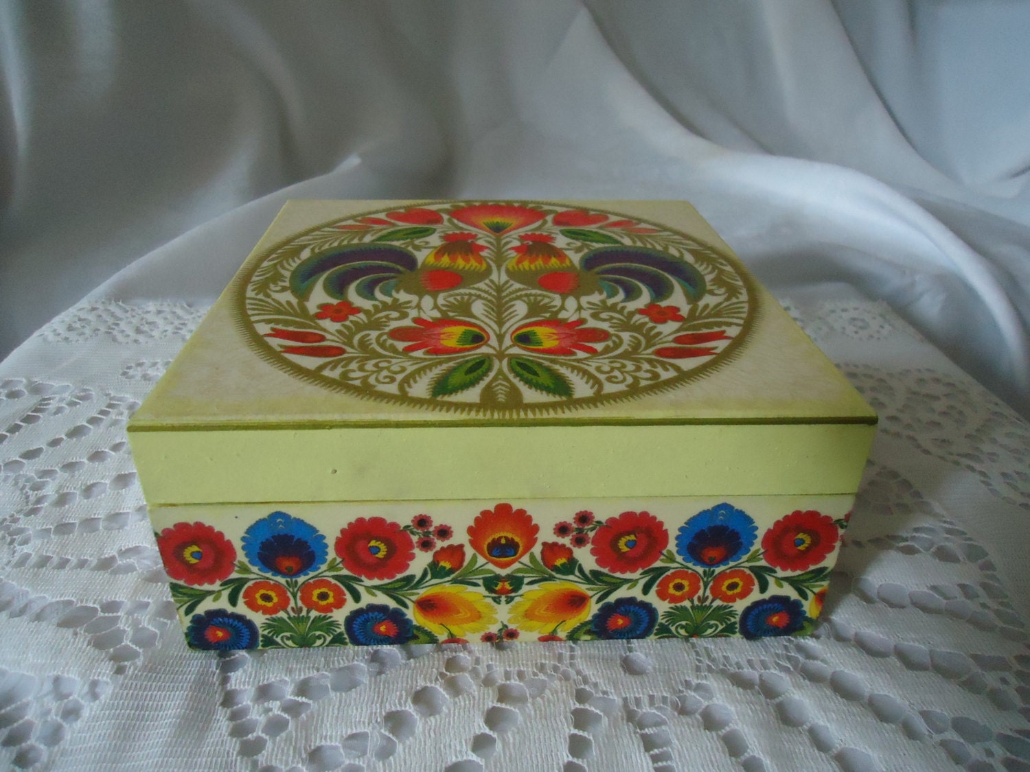 Wooden Decoupage - Cockerel Folk Style - Jewellery/Storage Box