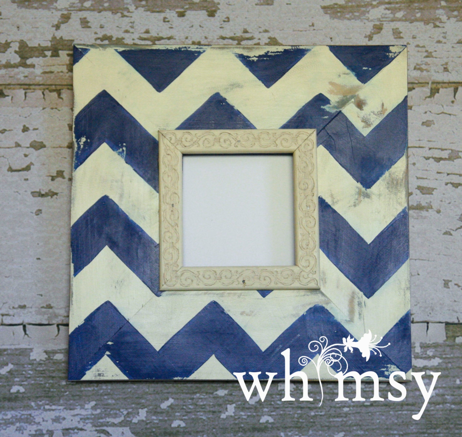 Handmade Solid Wood Picture Frame Chevron Custom Distressed 4x4"- Navy Blue and Cream-Instagram Frame