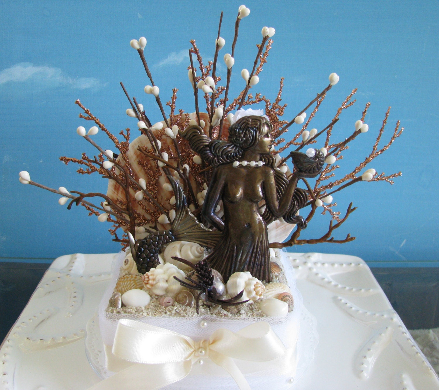 Mermaid Seashell Beach Wedding Cake Topper- Coral Reef Wedding Cake Topper