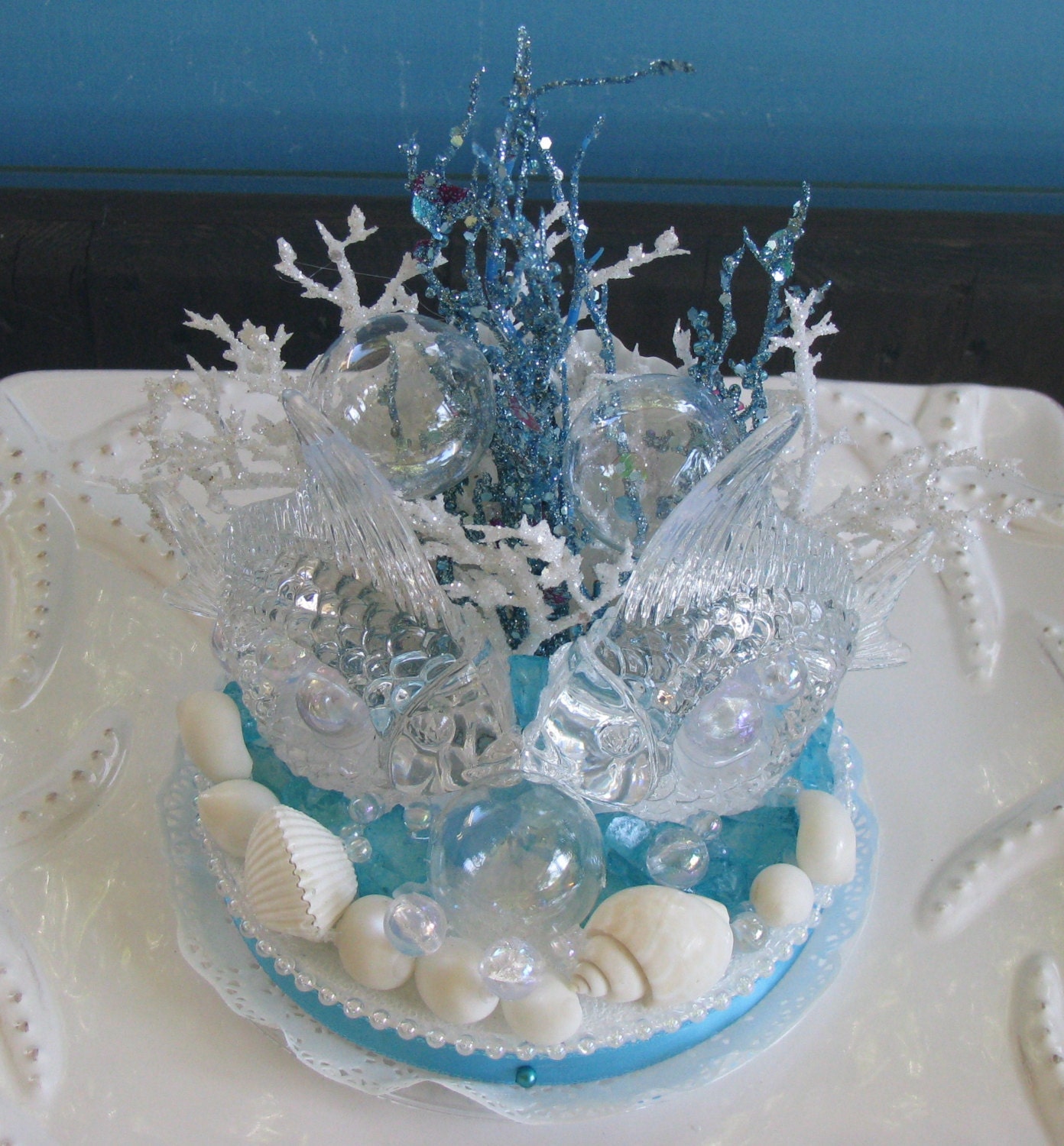 Angel Fish Coral Reef Bubbles Wedding Cake Topper-White Seashell Beach Wedding Cake Topper