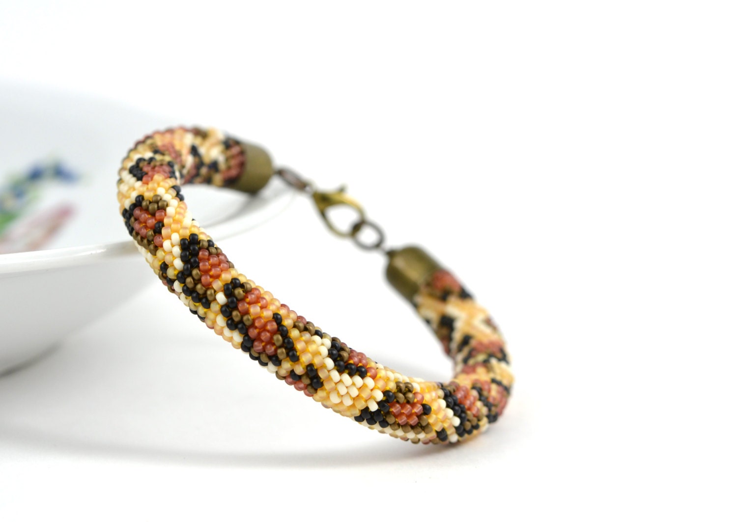 Bead Crochet Bracelet "African safari. Leopard"  White Yellow Bronze Black  Beadwork  Jewelry  Animal skin  Ready to shipment