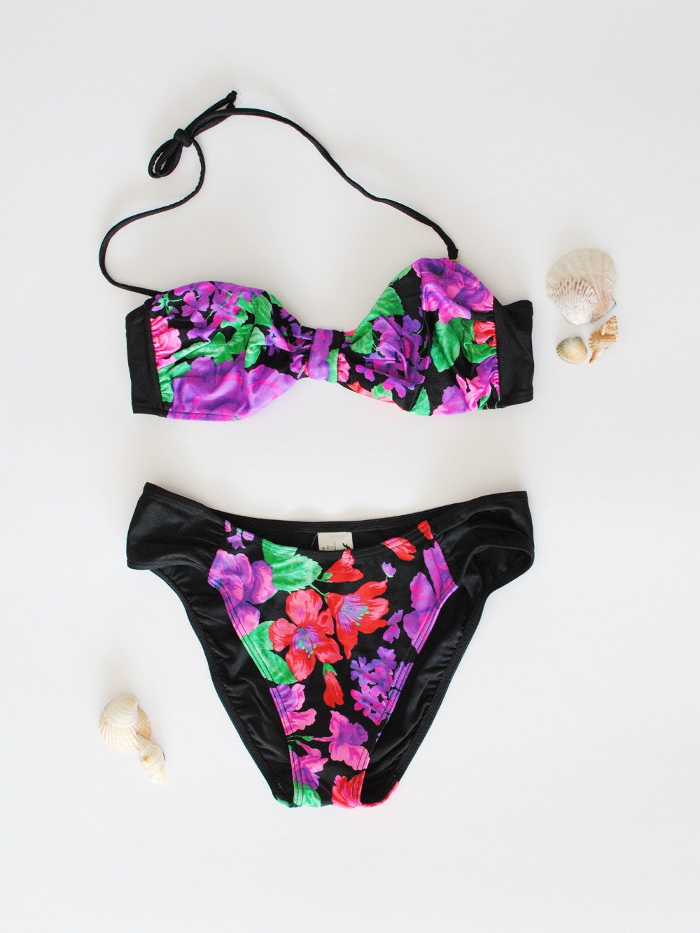 Vintage Bikini // Bandeau Bikini set // High cut Two Piece Swimsuit // Size 42 B Cup