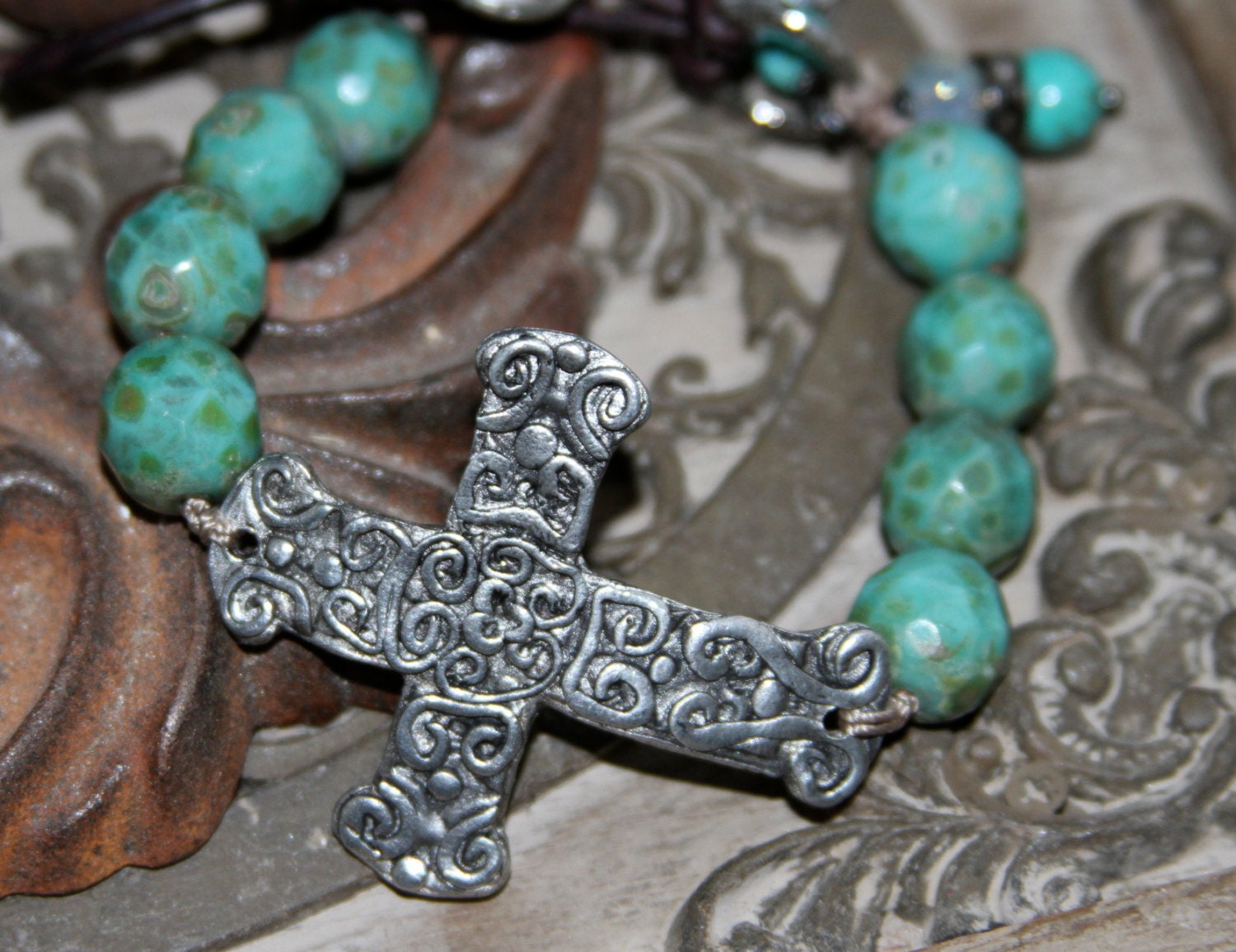 Sideways Cross hand knotted bracelet, leather bracelet, Pyrite, Boho, beaded bracelets,  Crystal Heart, Vintage rose