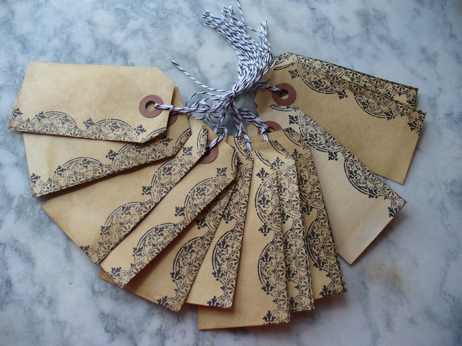 Set of 12 Aged Hang Tags Primitive Stained Vintage Look with Black Lace, Birthday Gift Tags, Party Favor Tags, Gift Bag tags