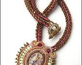 Soutache pendant necklace in Mauve, Pink, Gold and Green