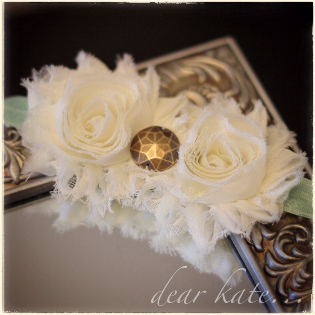 Handmade Shabby Chic Infant/Toddler Elastic Headband with Two Ivory Rosettes and Gold Button