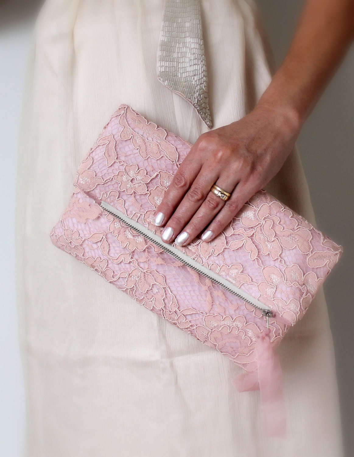 Blush lace fold over clutch, lace clutch