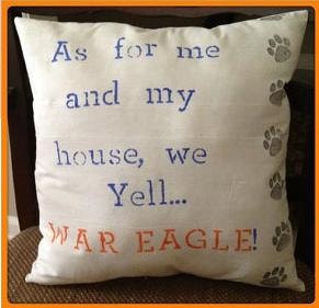 As for me and my house, we yell war eagle pillow with tiger paw prints. auburn collegiate pillow. handpainted and handmade, stuffed