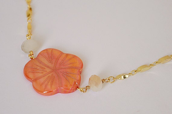 Coral Gold and Mother of Pearl Long Necklace