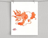 ORANGE GOLDFISH, Chinese Paper cut Goldfish with Butterfly Flowers, Watercolor - 8" x 10" Print - AfrochaDesign