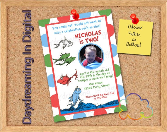 Digital File - 5x7 Dr Seuss One Fish Two Fish Birthday - Custom Personalized