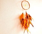 Dream Catcher - Fiery Nights - With Yellow Gemstone Star Amulet and Yellow - Brown Feathers - Home Decor, Mobile