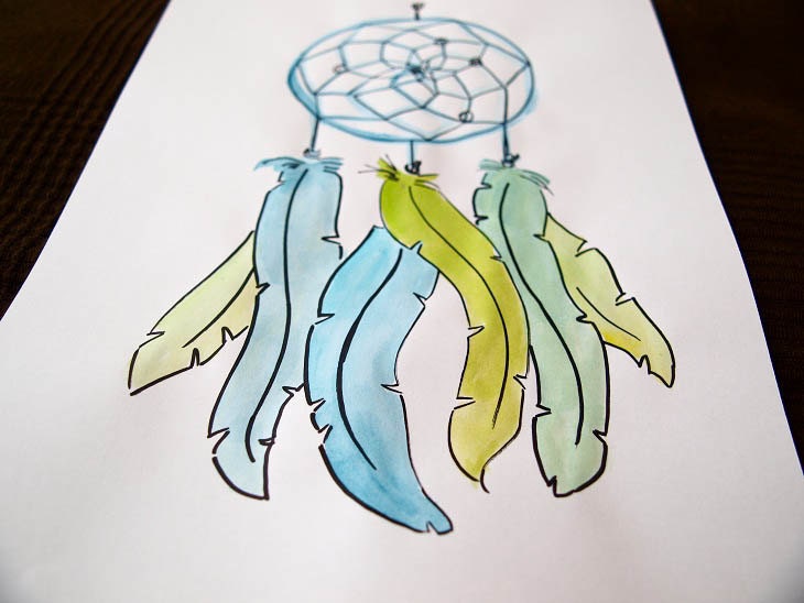 Art - Dream Catcher - Original Dream Catcher Drawing with Blue and Green Feathers, Watercolor Painting, Decor, Decoration