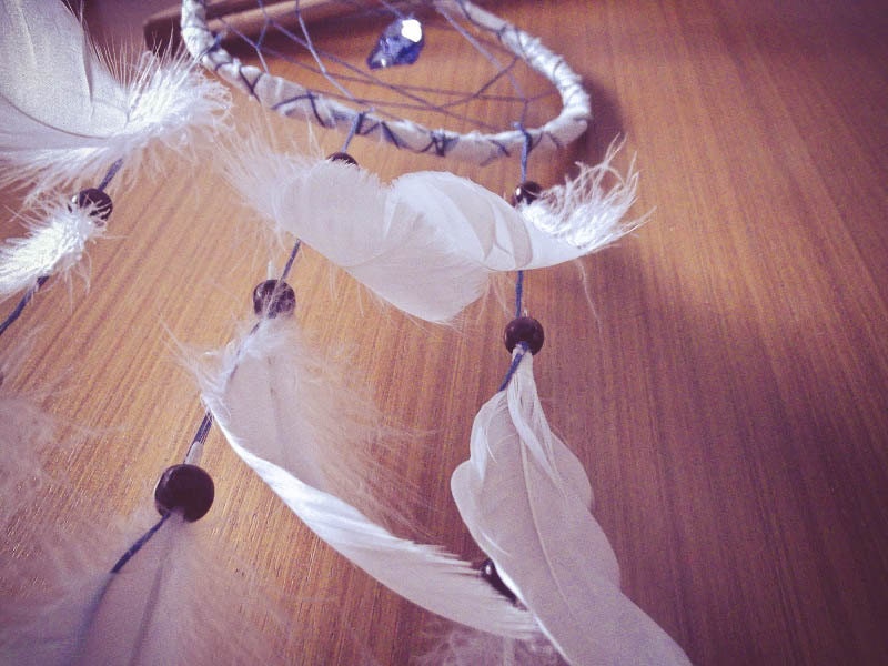 Dream Catcher - Pure Dreams - With Natural White Feathers, Light Blue Prism and Blue Web - Hippie Home Decor, Nursery Mobile
