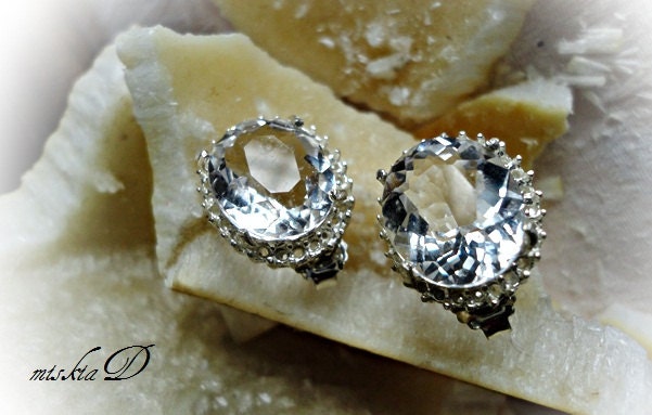 Rock Quartz Earrings, Faceted Gemstone Earrings, Sterling Silver Stud Earrings, White Stud Earrings,