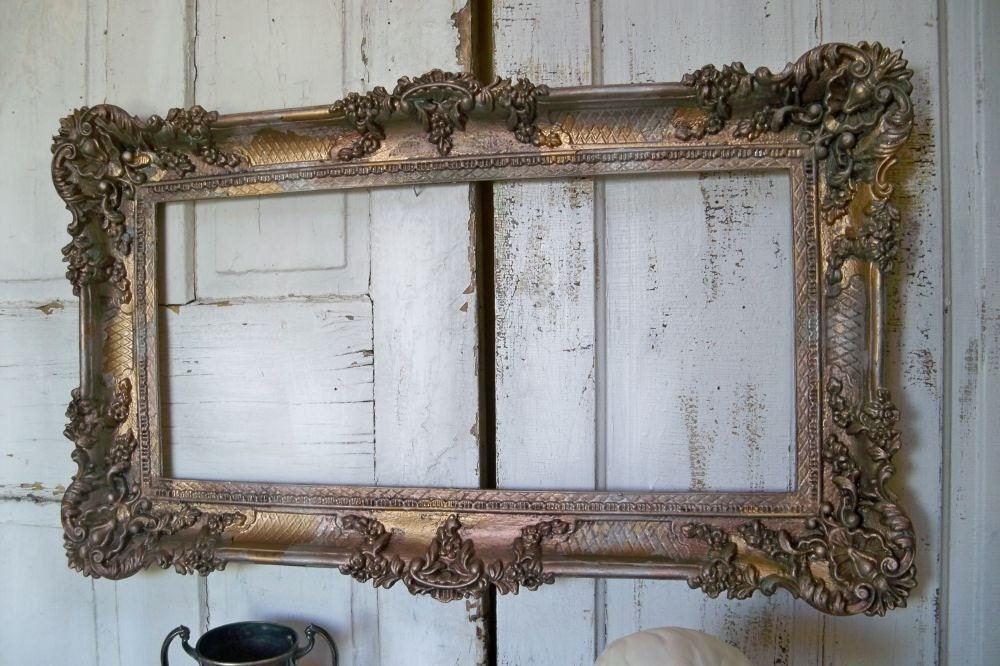 Large vintage frame ornate hand painted deep tones gold bronze silver French farmhouse detailed antique aged wall decor Anita Spero