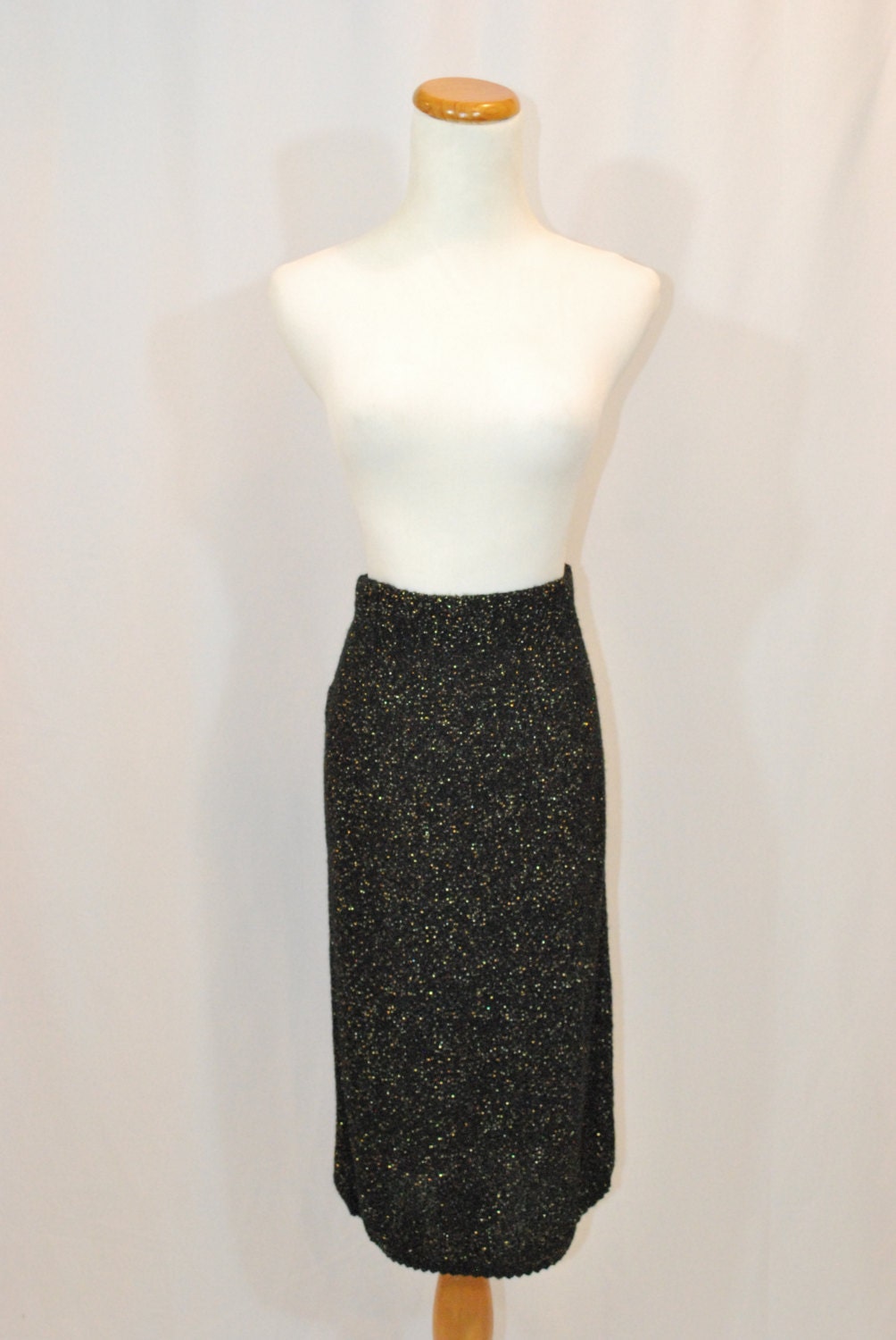 Vintage 80's Black Midi Pencil Sweater Skirt with Gold Threading