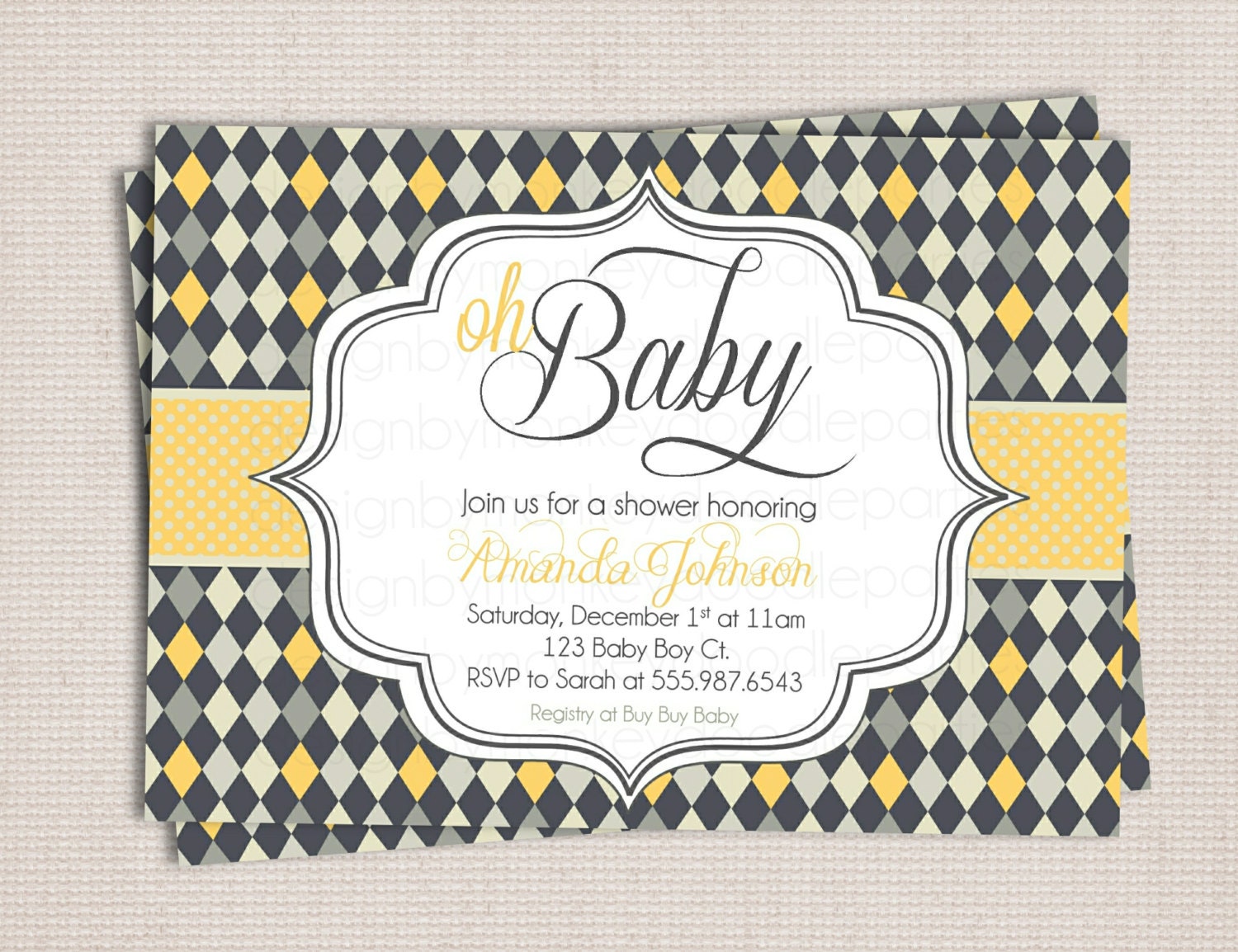 Oh Baby Chic Gray & Yellow Argyle Baby Shower Custom Printable Shower Invitation Il_170x135