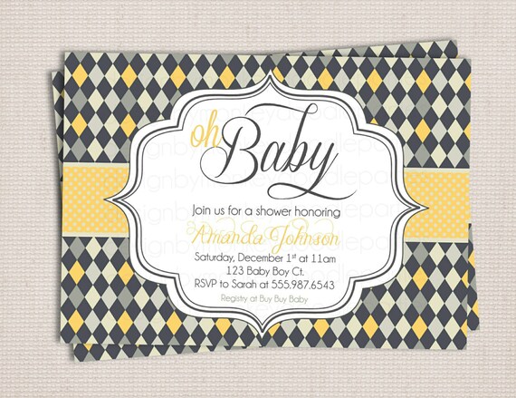 Oh Baby Chic Gray & Yellow Argyle Baby Shower Custom Printable Shower Invitation Il_570xn
