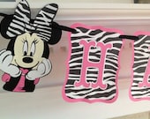 Zebra and Hot Pink Minnie Mouse Happy Birthday Disney Banner