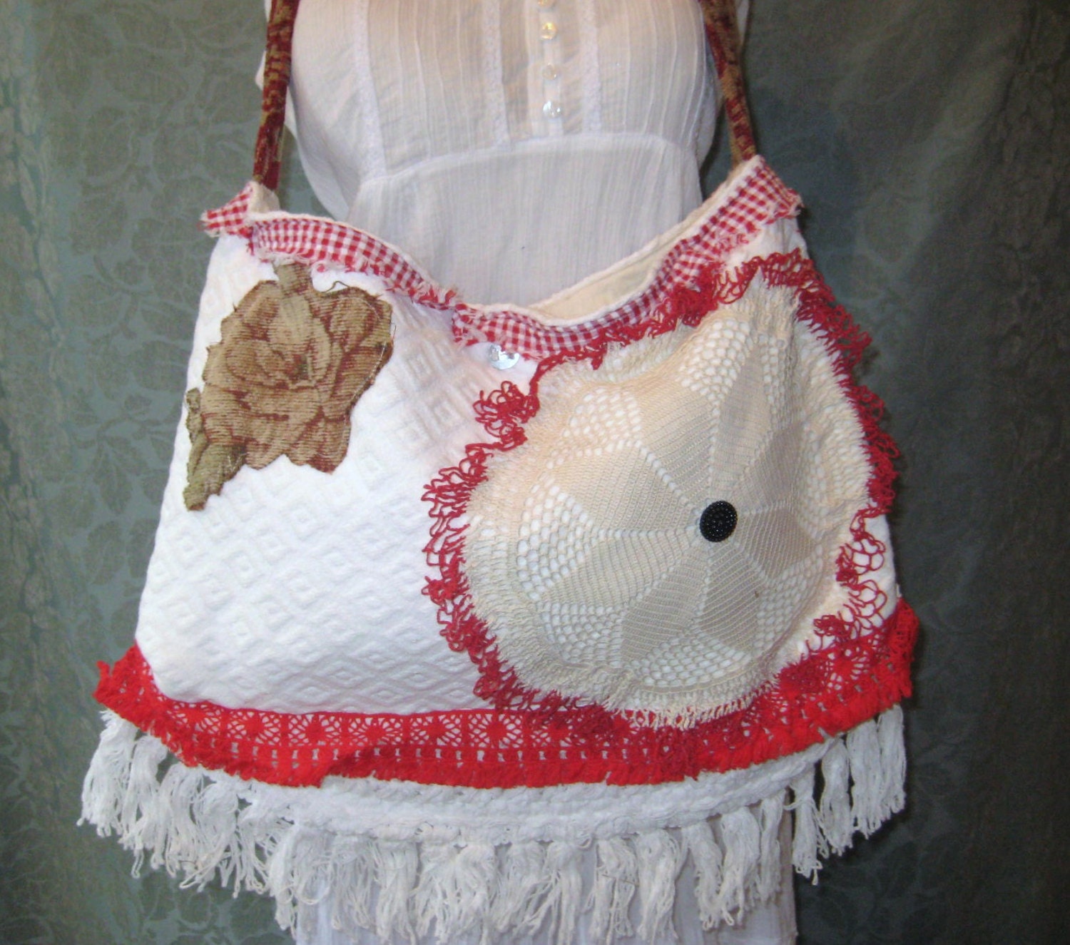 Vintage Chenille Bags and Purses, Shabby Crossbody Gypsy Hobo Carpetbag Ragbag Summer Tote