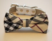 Plaid Burly wood dog bow tie with high quality leather collar, Chic Dog Bow tie