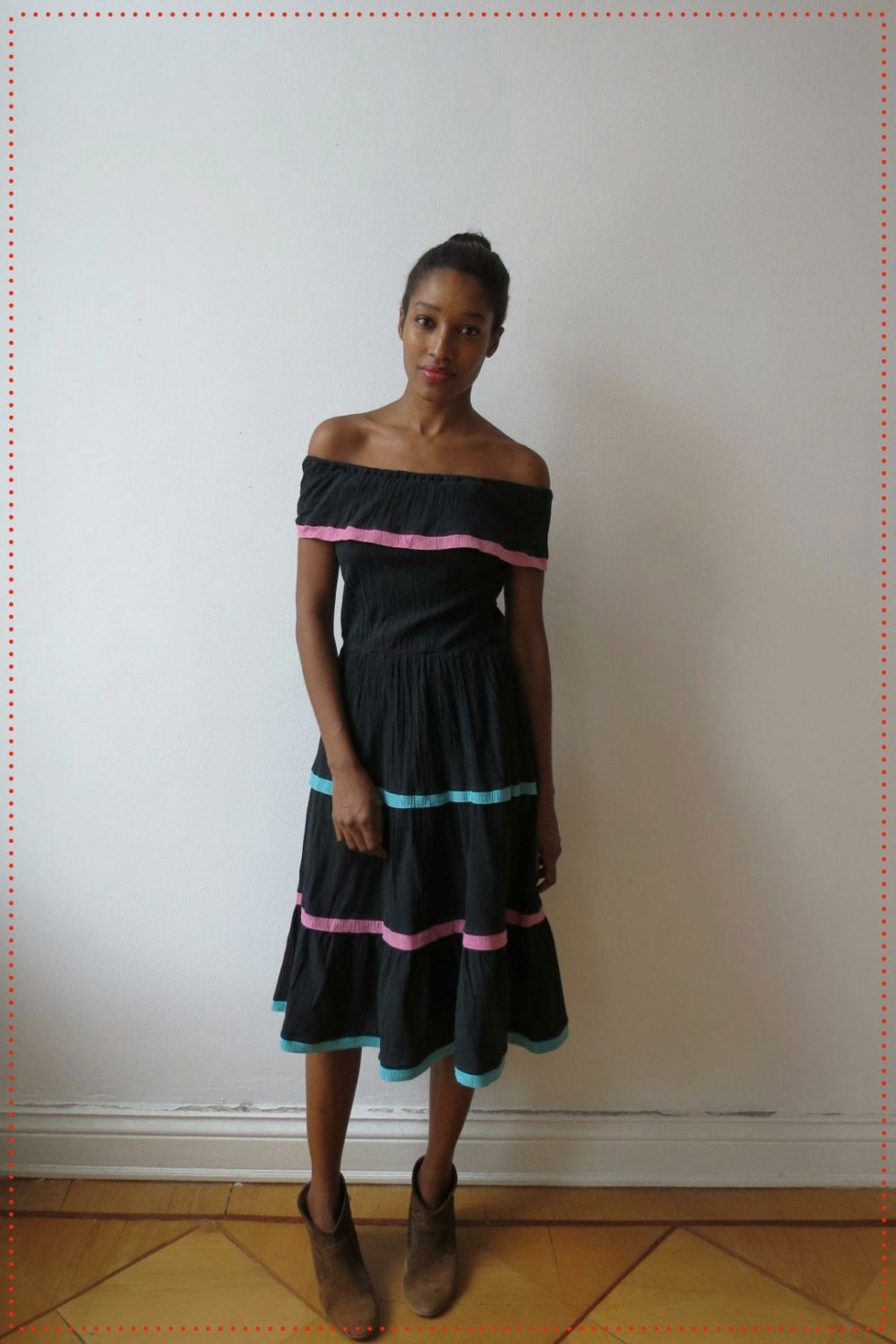 80s Black Peasant Dress