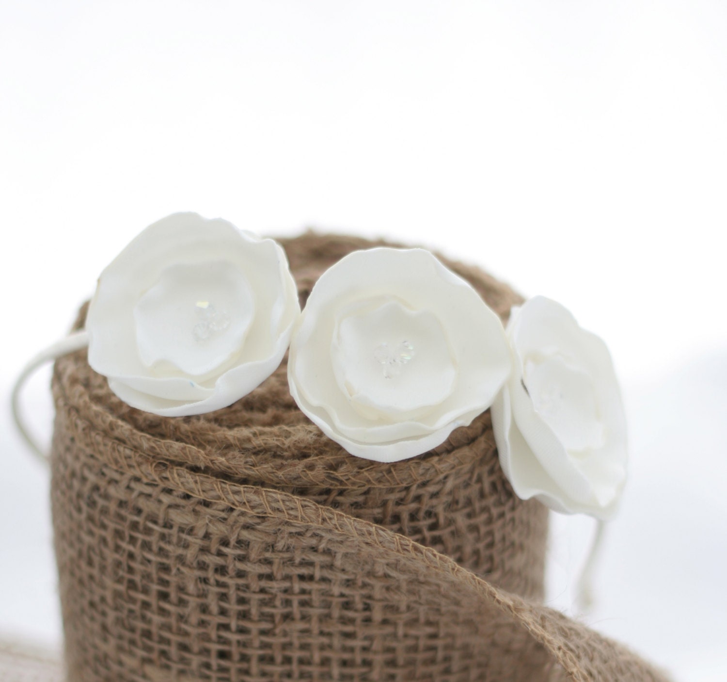 White Flowered Headband // White Satin Fabric Flowers // for Women and Girls // Mini Flowers with Swarovski Crystals