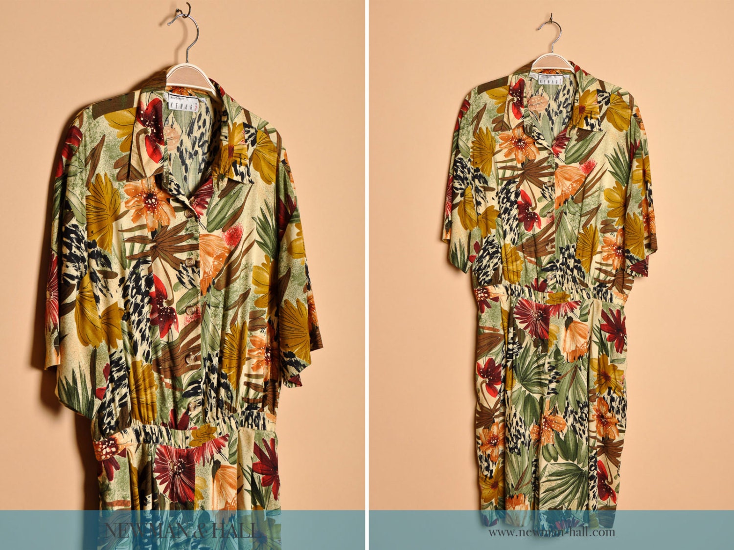 Vintage 1990s Tropical Romper with Side Pockets, By Ann Tjian, Kenar 3, Size Large