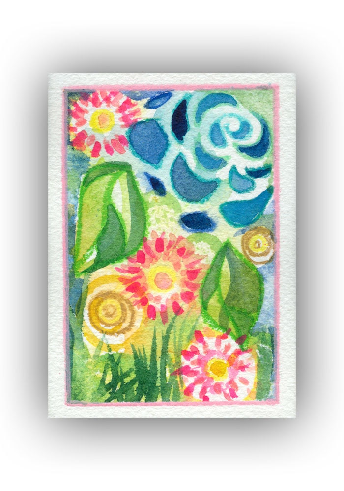 Blues and Pinks - Original ACEO painting watercolor rose
