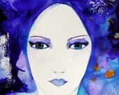 Portrait Woman Painting Watercolor Ink Contemporary Art Painting Face Drawing Home Decor Wall Art Blue Purple Portrait Art Original Painting
