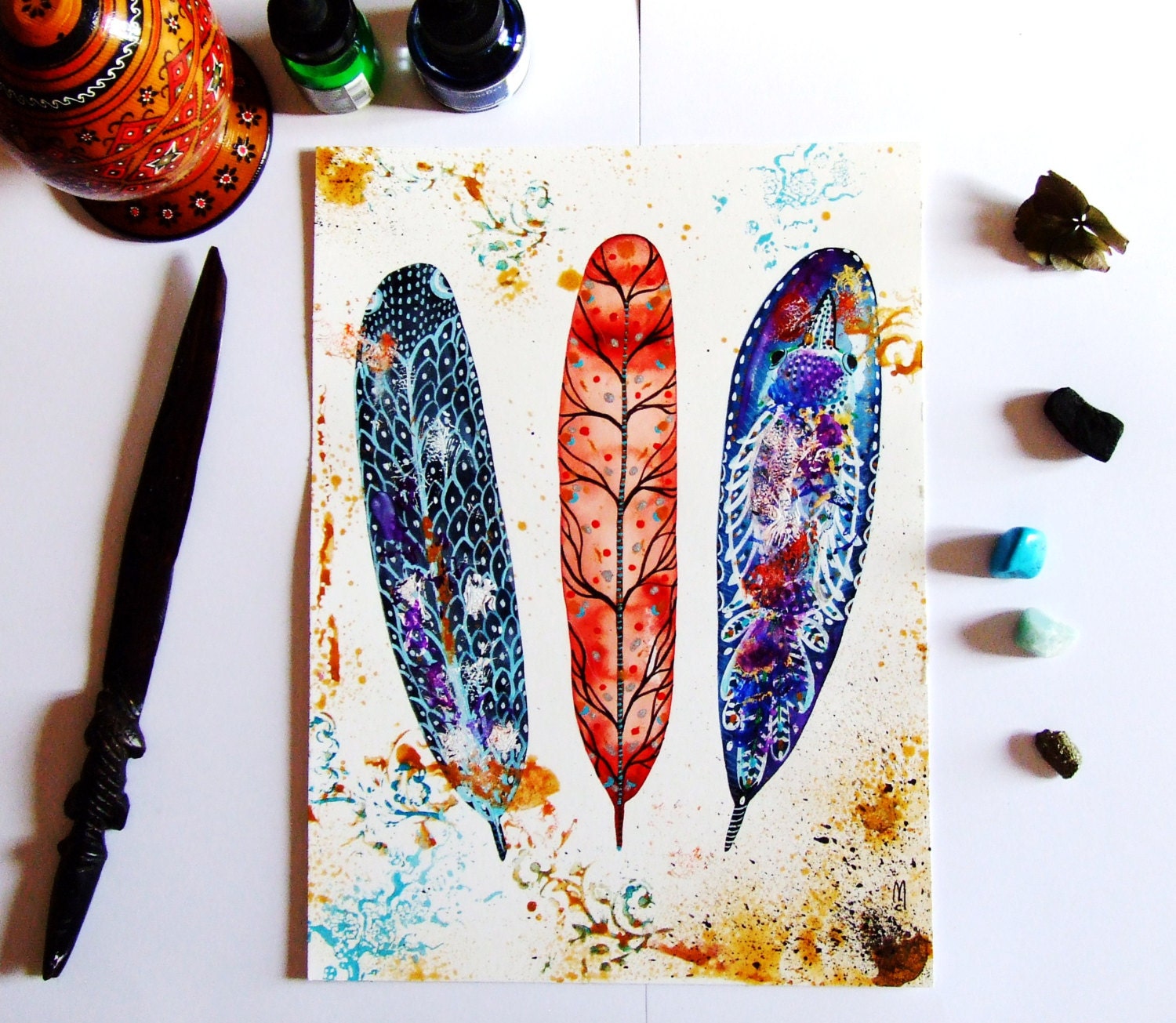Feathers Painting Watercolor Gouache Ink Feathers Drawing Animal Bird Home Decor Wall Art Contemporay Art Feathers Blue Orange Purple Gold