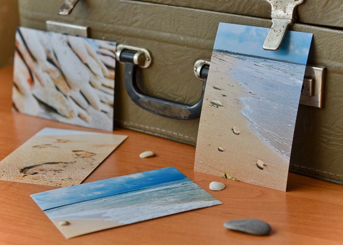 Summer Beach Memories, Serene, Pebbles, Sand, Sea, Ocean - 4x6 Blank Post Cards Set of 4 - Blue and Sand Beige Photo Cards