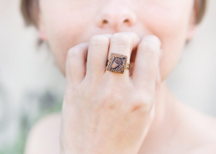Woodland Acorn Ring - Adjustable Tiny Wood Ring - Pyrography Wood Jewelry