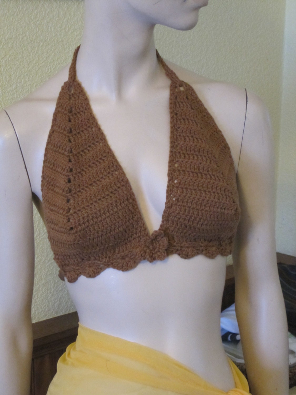 Bikini Top Tank Hand Crochet Beachwear 100% Cotton Brown Womens