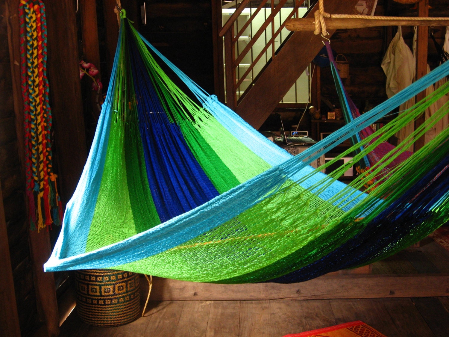 Hammock: Blue & Green Stripe 'Lanta' (Two Person) by Yellow Leaf with Free Shipping