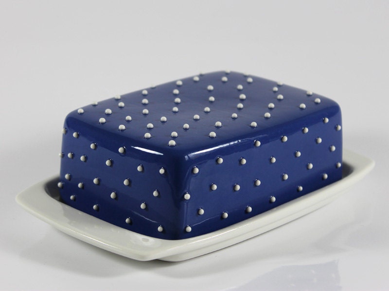 handmade porcelain butter dish, with grip, darkblue