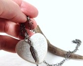 Heart Necklace White Porcelain Crackle  Ceramic Boho Minimal READY TO SHIP